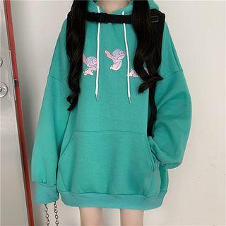 Long-sleeve Printed Hoodie Aqua Blue - One Size
