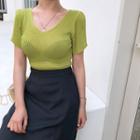 U-neck Puff-shoulder Rib-knit Top