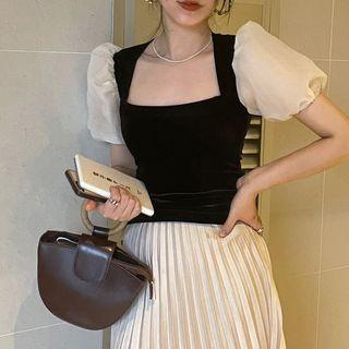 Puff-sleeve Square-neck Color Block Top
