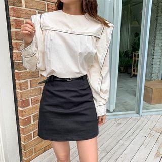 Sailor Collar Stitch-trim Blouse Cream - One Size