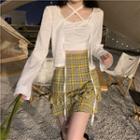 Lace Up Cardigan / Lace Trim Cropped Camisole Top / Plaid Mini Pencil Skirt