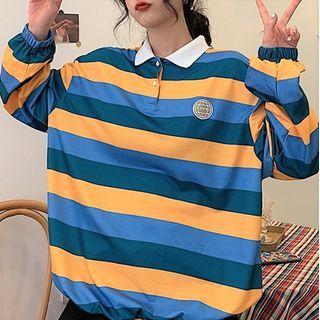 Loose Fit Long-sleeve Striped Polo Shirt