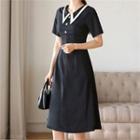 Contrast-collar Button-trim Dress