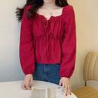 Ruffled Balloon-sleeve Cropped Blouse Red - One Size