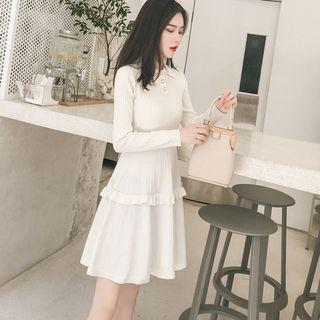 Polo Collar Long-sleeve Mini A-line Knit Dress