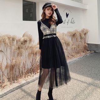 Set: Long-sleeve Mini T-shirt Dress + Mesh Pinafore Dress