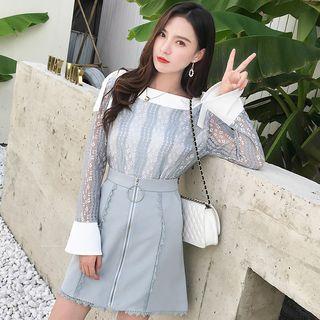 Set: Lace Panel Blouse + Mini A-line Dress