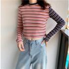 Striped Long-sleeve Crop T-shirt As Shown In Figure - One Size