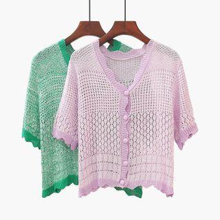 Elbow-sleeve Pointelle Cardigan