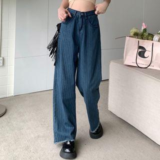 Mid Rise Pinstriped Wide Leg Jeans