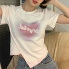 Short-sleeve Lettering Asymmetrical T-shirt T-shirt - White - One Size