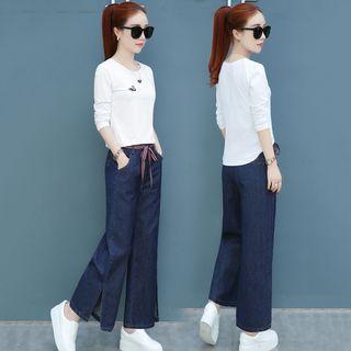Set: Long-sleeve Top + Wide Leg Jeans