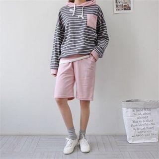 Set: Hooded Stripe Top + Band-waist Shorts