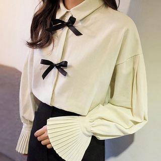 Bow Accent Pleated Chiffon Shirt