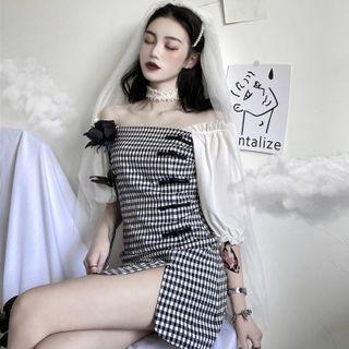 Gingham Off-shoulder Mini A-line Dress