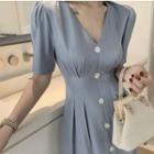 Short-sleeve Single-button Satin Dress