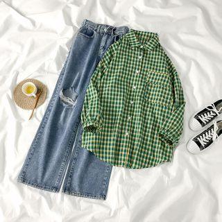 Plaid Shirt / Distressed Wide-leg Jeans