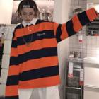 Polo Collar Letter Embroidered Striped Pullover Stripe - Tangerine & Black - One Size