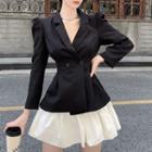 Puff-sleeve Double-breasted Blazer / A-line Skirt