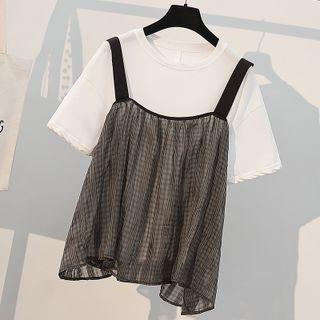 Set: Short-sleeve Plain T-shirt + Sleeveless Mesh Top