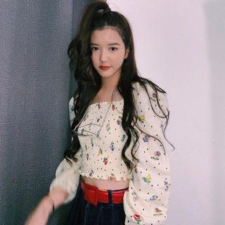 Floral Print Dotted Smocked Cropped Blouse As Shown In Figure - One Size