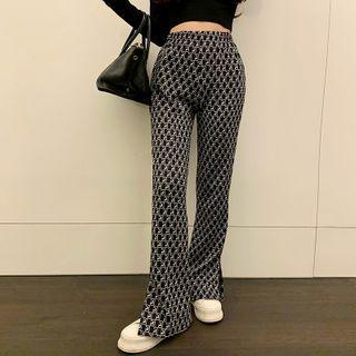 High-waist Plaid Slit Boot-cut Pants Black & White - One Size