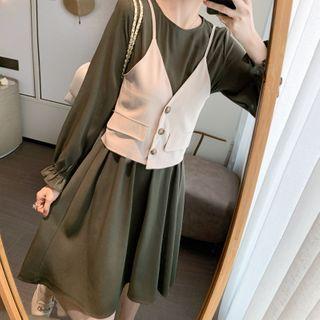 Set: Puff-sleeve Midi Dress + Camisole Top