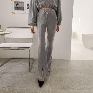 Slit-hem Velvet Boot-cuts Pants