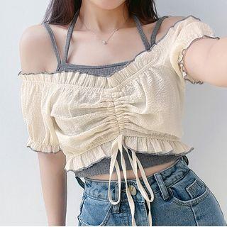 Strappy Camisole Top / Off-shoulder Drawstring Crop Top