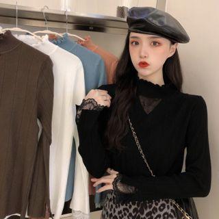 Mock Two Piece Bell-sleeve Lace Panel Frill Trim Top