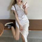 Short-sleeve Round-neck Slit Dress White - One Size