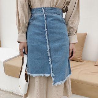 Fray Trim Asymmetric Denim Skirt