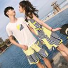 Couple Matching Striped Spaghetti Strap Dress / Short Sleeve T-shirt / Striped Shorts