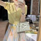 Set Of 2: V-neck Cardigan + Pleated Midi Skirt