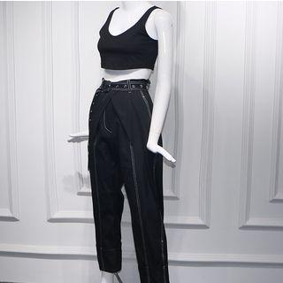 Contrast Stitching Cropped Straight-fit Jeans / Cropped Camisole Top