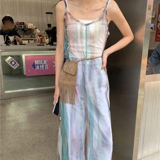 Print Camisole Top Aqua Green & White & Pink - One Size