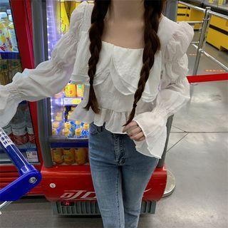 Cropped Ruffled Blouse White - One Size