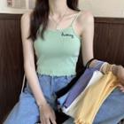 Letter Embroidered Lettuce Edge Cropped Camisole Top