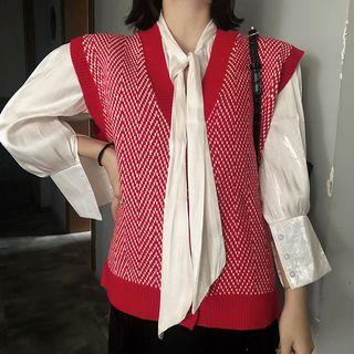 Tie Neck Blouse / V-neck Knit Vest