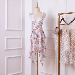 Spaghetti Strap Asymmetric Ruffled Floral Dress