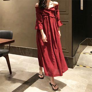 Off-shoulder 3/4-sleeve Ruffle-trim Midi A-line Dress