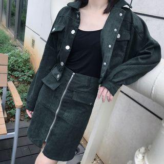 Set: Corduroy Button Jacket + Front Zip Straight-cut Skirt