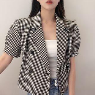 Short-sleeve Double-breasted Plaid Blazer Black - One Size