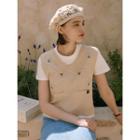 V-neck Perforated Flower Sweater Vest Beige - One Size