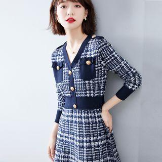 V-neck Houndstooth Knit Mini A-line Dress