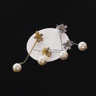 925 Sterling Silver Non-matching Rhinestone Flower Dangle Earring