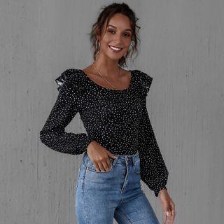 Dotted Ruffle-trim Long-sleeve Top