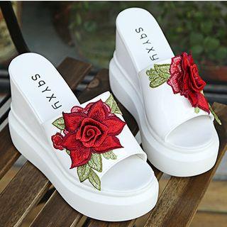 Floral Embroidered Platform Wedge Slide Sandals