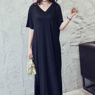 Elbow Sleeve V-neck Maxi T-shirt Dress