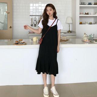 Ruffle Hem Spaghetti Strap Midi Shift Dress